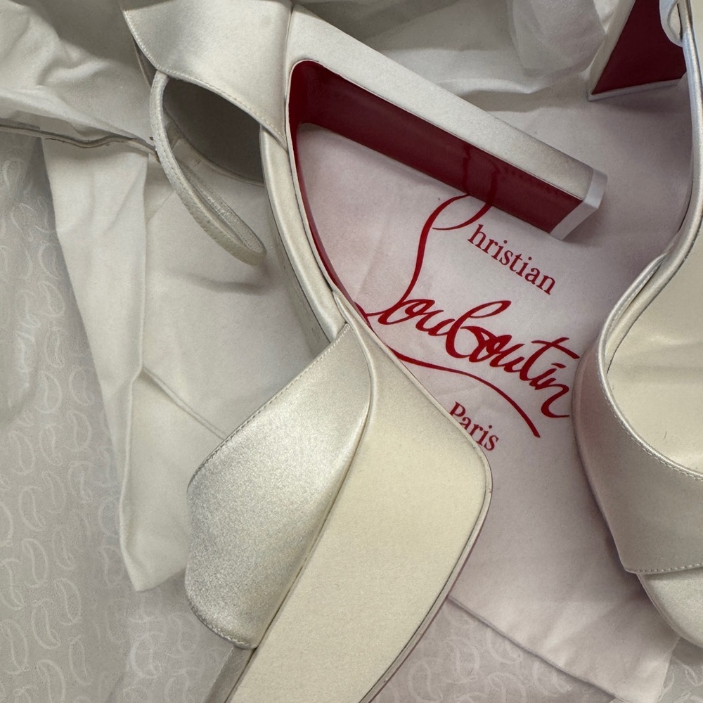 Christian Louboutin Sandaloo 130MM White  Satin Sandals Heels Wedding 8.5
